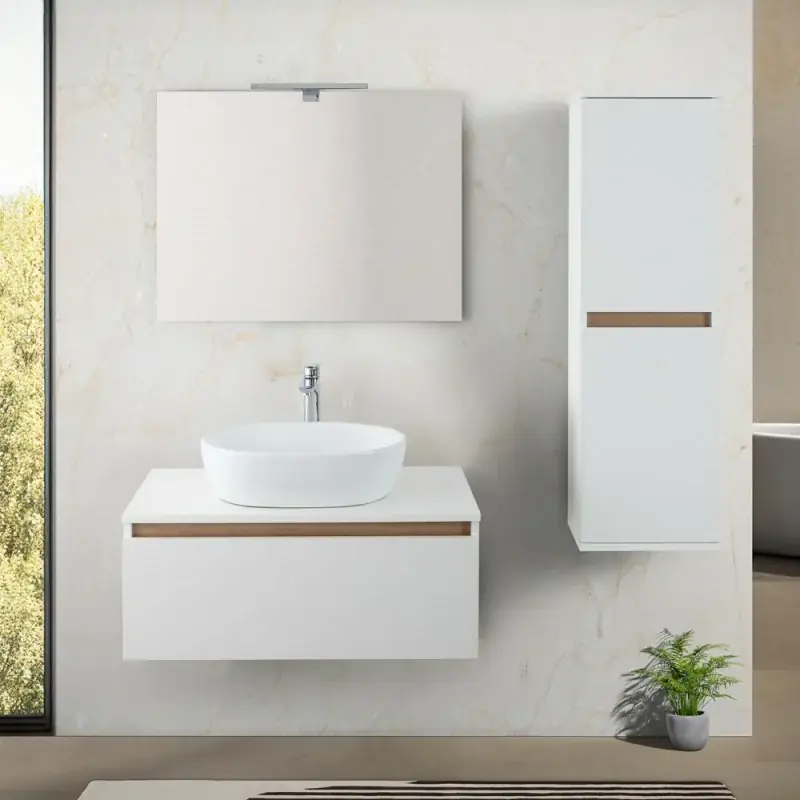 A Buon Prezzo Mobile bagno sospeso 80 cm bianco e rovere con lavabo e specchio Kleo