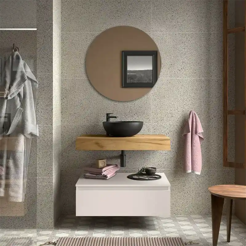 Nuovo Arrivo Composizione bagno con mensolone e cassettiera sospesa 80 cm in rovere africa e bianco opaco - Sumo