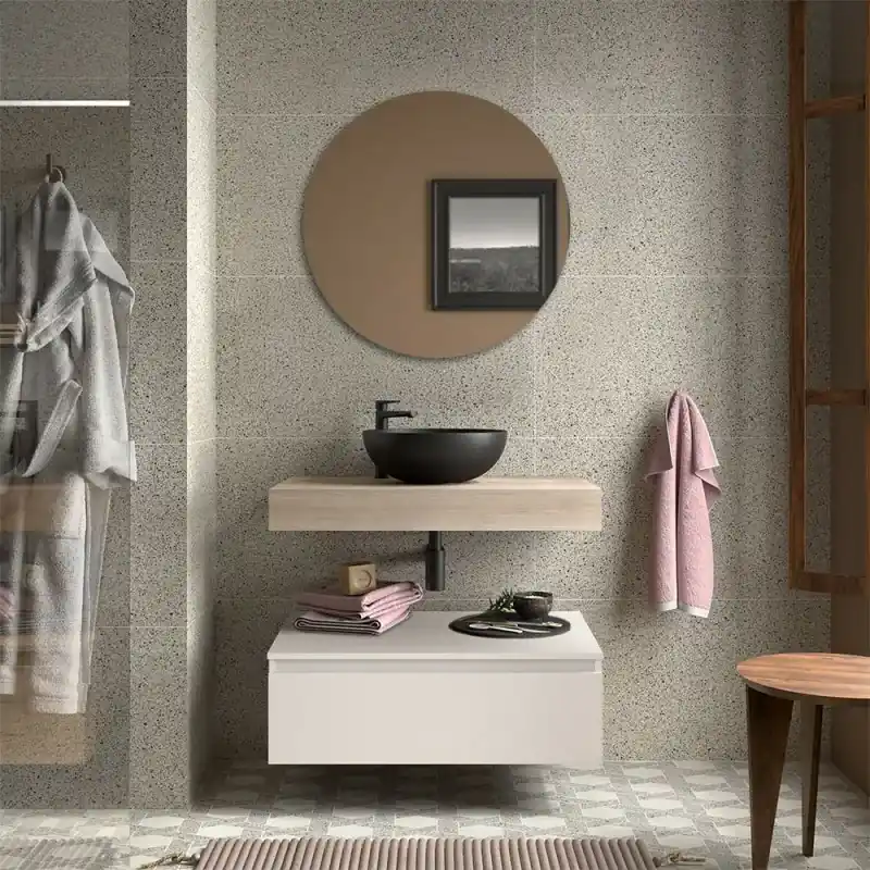 Novità Composizione bagno con mensolone e cassettiera sospesa 80 cm in rovere bali e bianco opaco - Sumo