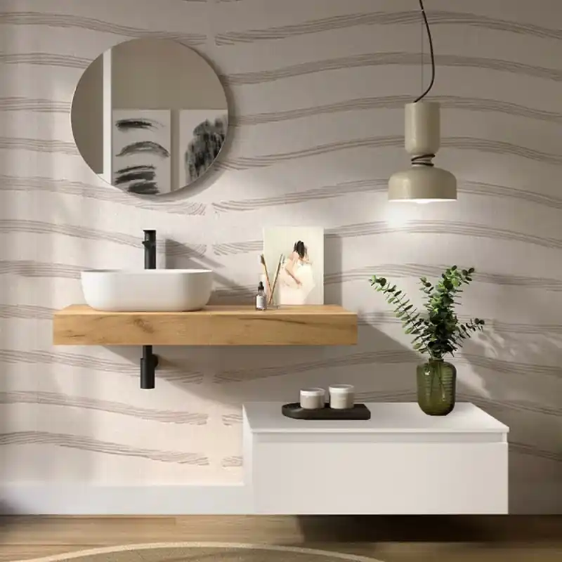 Compra Online Composizione bagno con mensolone 100 cm rovere africa e cassettiera sospesa 80 cm in bianco opaco - Sumo