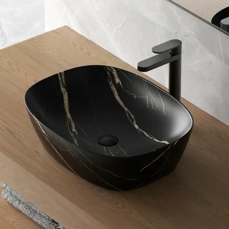 Lavandino da appoggio ovale 50x38 cm effetto marmo nero Tokyo Subito Disponibile