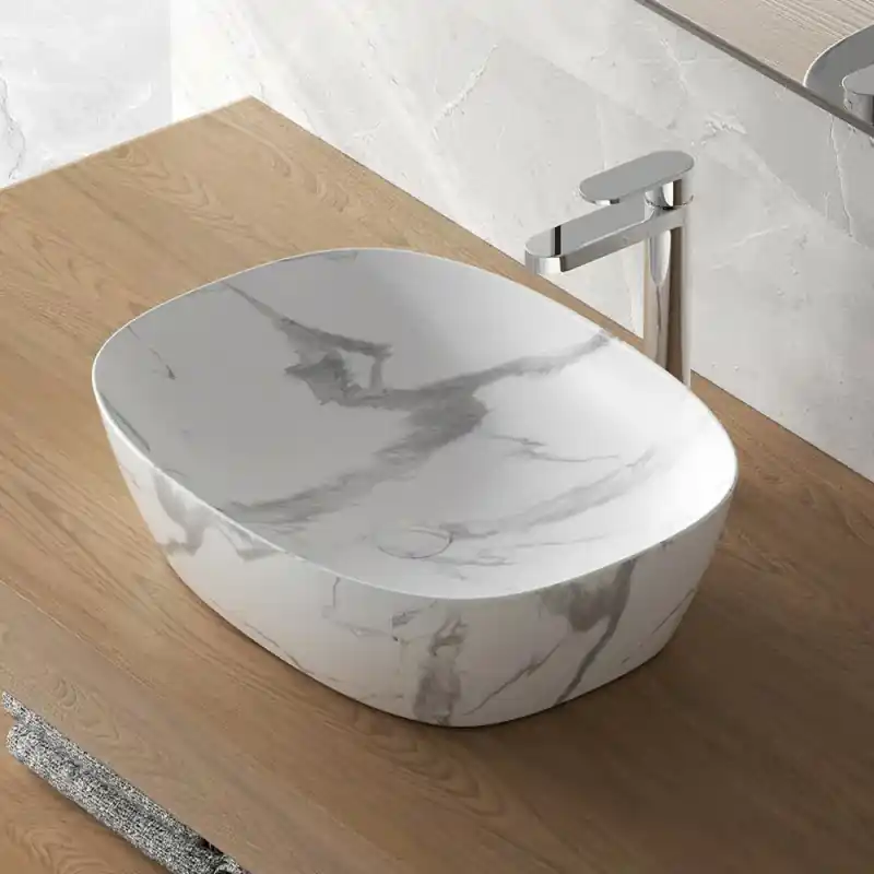 Spedito Oggi Lavabo da appoggio ovale 50x38 cm effetto marmo bianco Tokyo