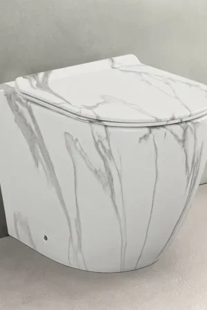 WC filomuro Rimless in ceramica marmorizzata bianca con sedile Tokyo Non Perdere