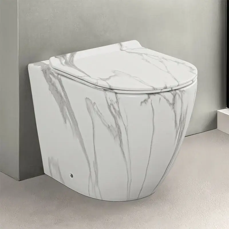 WC filomuro Rimless in ceramica marmorizzata bianca con sedile Tokyo Non Perdere