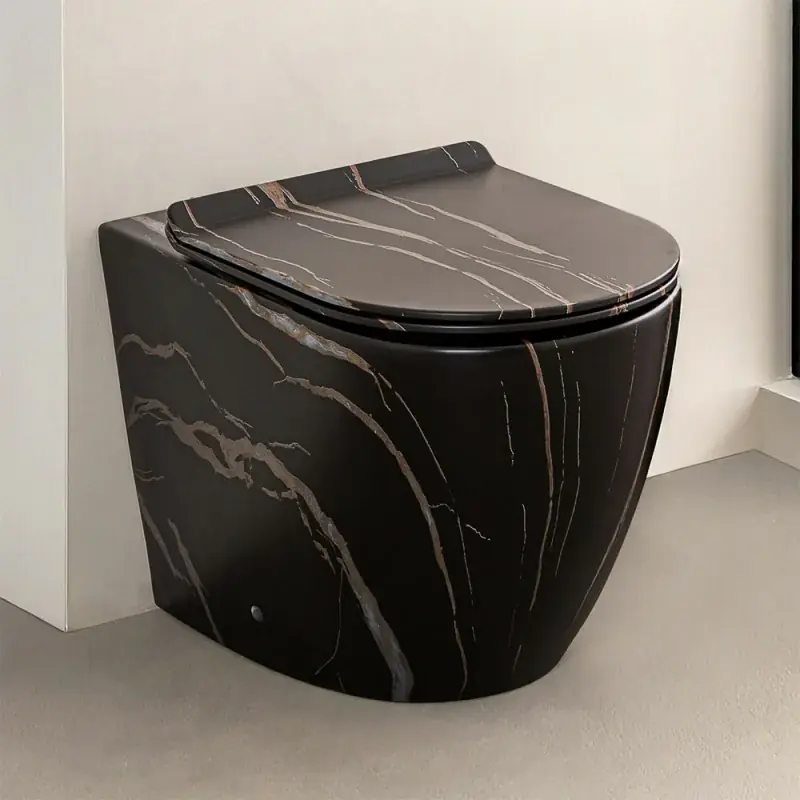 Nuova Collezione Water filoparete Rimless ceramica marmorizzata nera con sedile Tokyo