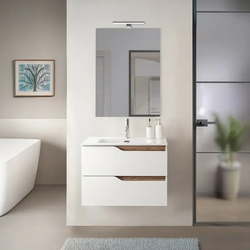 Mobile bagno sospeso 60 cm bianco e quercia con lavabo Sumya Esclusivo