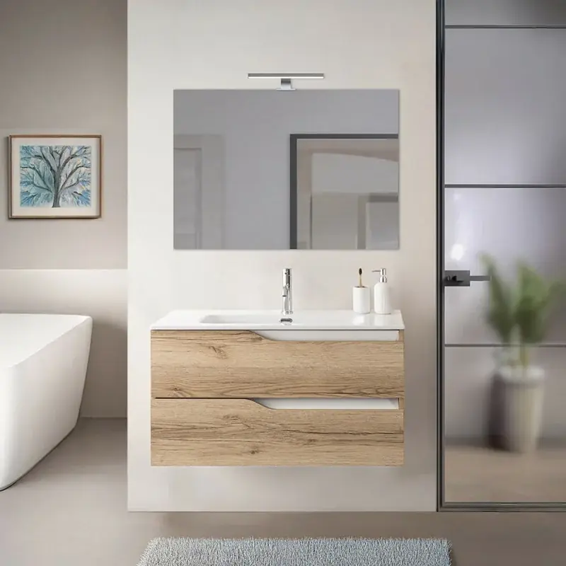Mobile bagno sospeso 100cm quercia e bianco con lavabo Sumya Offerta