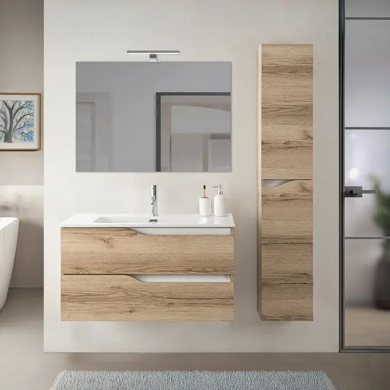 Mobile bagno sospeso 100cm quercia e bianco con pensile e lavabo Sumya Promozione Esclusiva