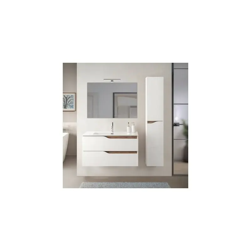 Mobile bagno sospeso 100cm bianco e quercia con pensile e lavabo Sumya Compra Adesso
