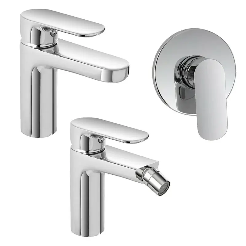 Set miscelatori lavabo bidet e doccia in ottone cromato con piletta Kreo Economico