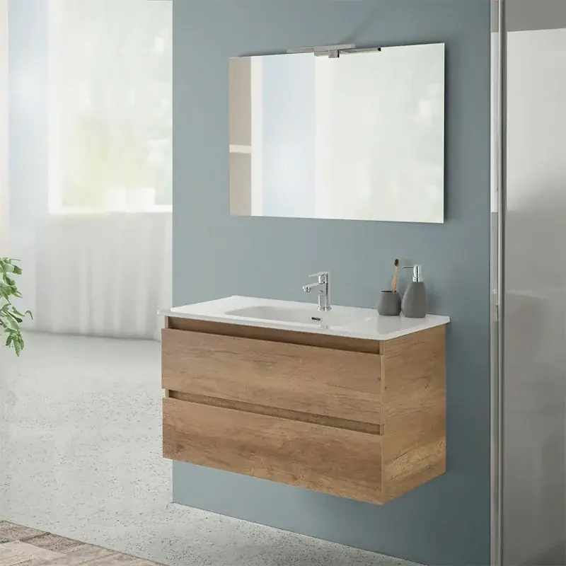 Vendita Finale Mobile bagno sospeso 90 cm rovere naturale completo con lavabo Nadia