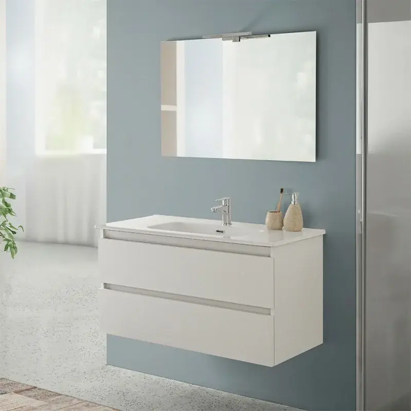 Mobile bagno sospeso 100 cm rovere bianco completo con lavabo Nadia Più Venduto