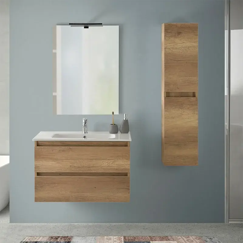 Mobile bagno sospeso 80 cm rovere naturale con pensile H 125 Nadia Promozione Esclusiva