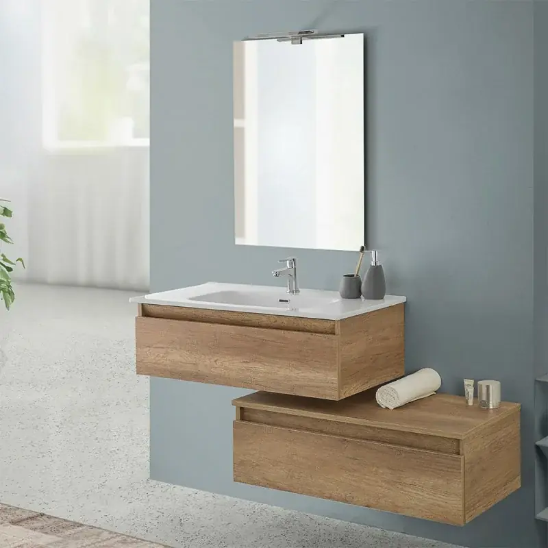 Mobile bagno sospeso 90 cm rovere naturale con base lavabo e cassetto Nadia Consegna Rapida