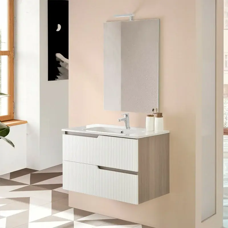 Bestseller Mobile bagno sospeso 80 cm bianco cannettato e olmo con specchio Porto
