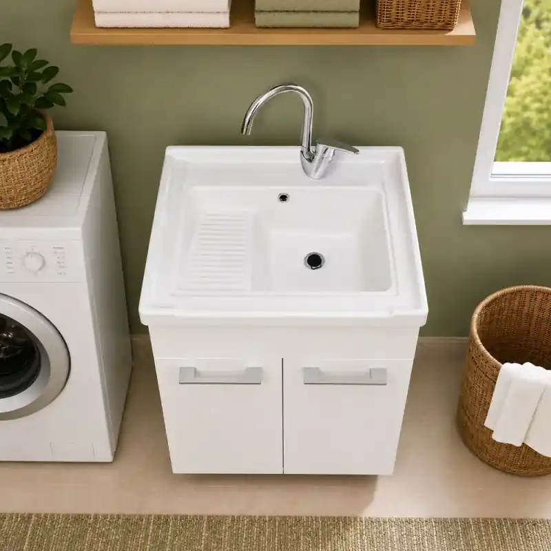 Mobile lavatoio 60x50 bianco con vasca in ceramica e kit di scarico Acquista Ora
