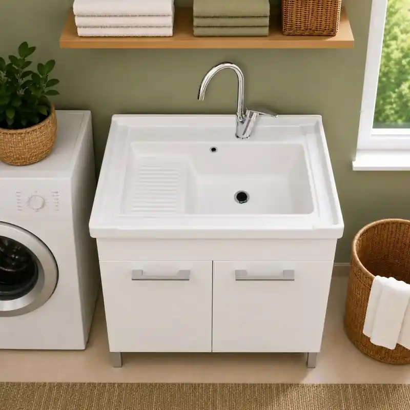 Bestseller Mobile lavatoio 80x50 bianco con vasca in ceramica e kit di scarico