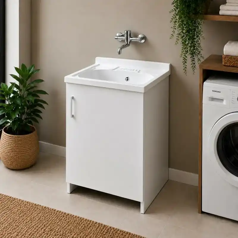 Compra Adesso Mobile lavatoio 50x50 cm bianco con 1 anta completo di vasca in resina e kit sifone