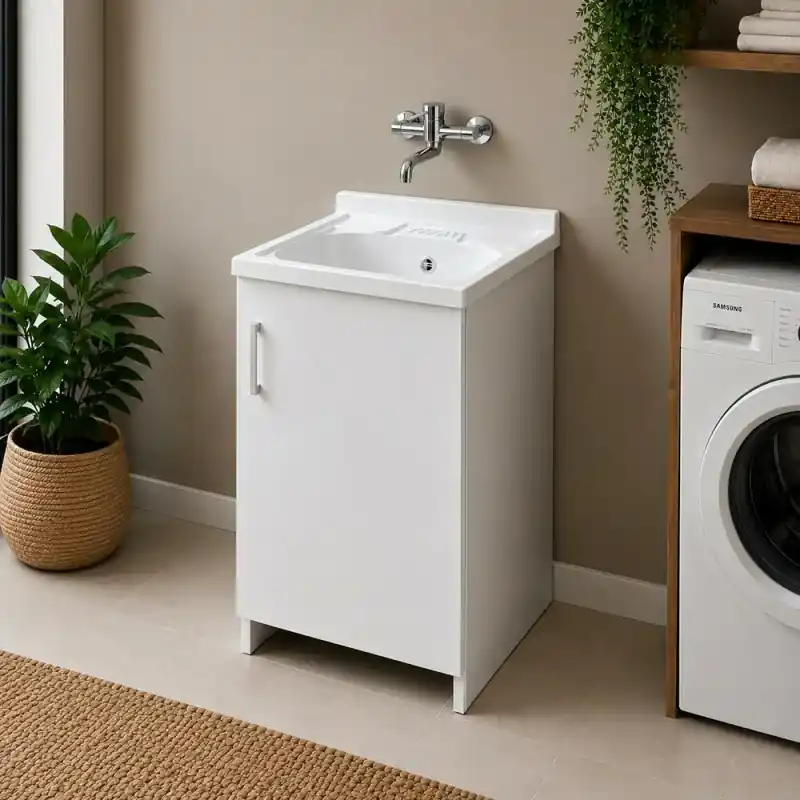 Mobile lavatoio 45x50 cm bianco con 1 anta completo di vasca in resina e kit sifone Popolare
