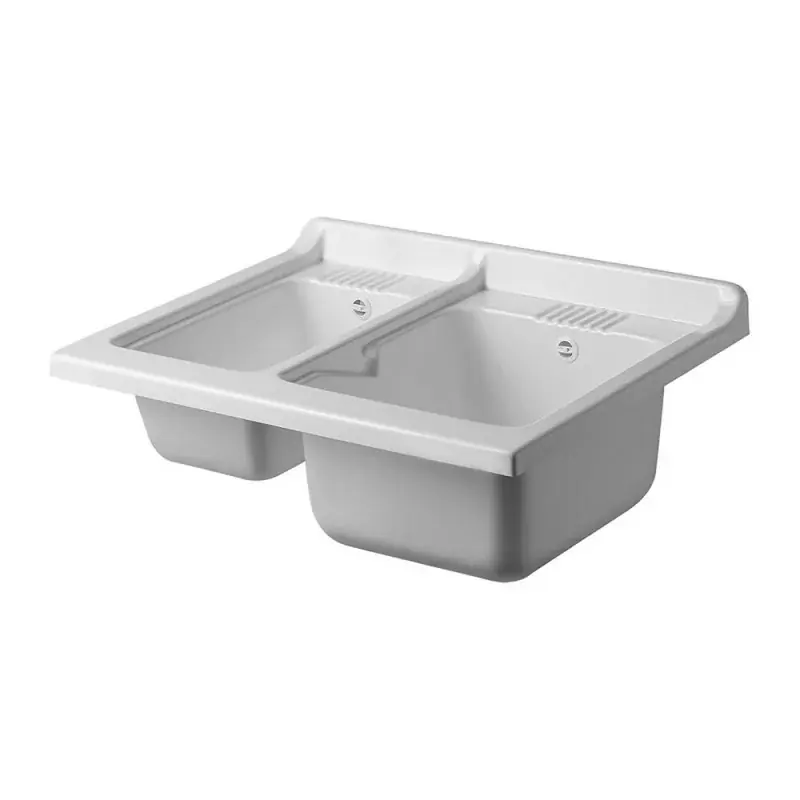 Vasca doppia per lavatoio 75x60 in termoformatura bianco con kit di scarico Must-Have