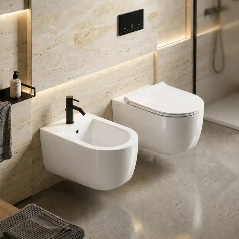 Set sanitari sospesi salvaspazio P. 50 cm bianco con scarico a vortice e copriwc Round Dolomite Nuovo Arrivo