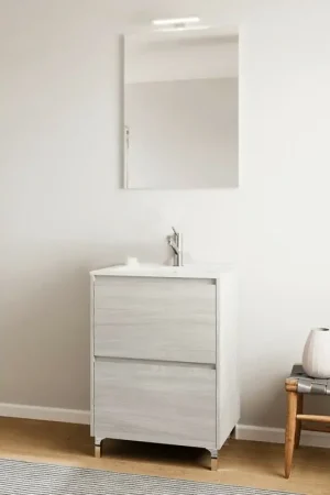 Mobile bagno a terra 60 rovere grigio con lavabo e specchio LED Lisbona Solo Oggi