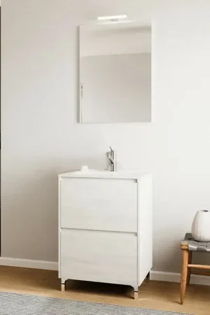Mobile bagno a terra 60 rovere bianco con lavabo e specchio LED Lisbona Reso Gratuito