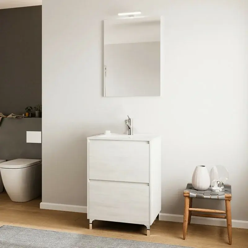 Mobile bagno a terra 60 rovere bianco con lavabo e specchio LED Lisbona Reso Gratuito
