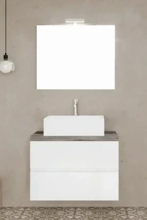 Mobile bagno sospeso 60 bianco top rovere fossile con specchio LED Town Promozione Esclusiva