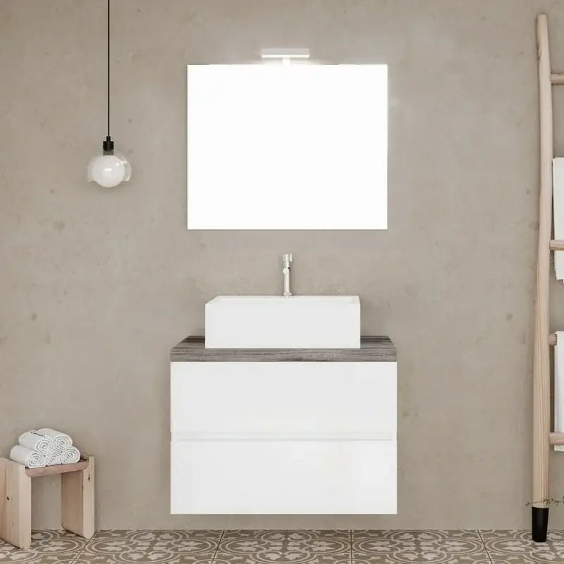 Mobile bagno sospeso 60 bianco top rovere fossile con specchio LED Town Promozione Esclusiva