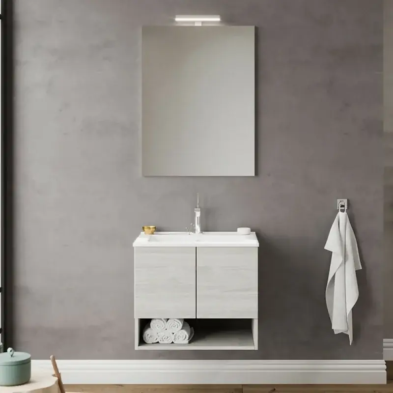 Affare Mobile bagno sospeso 60 rovere grigio con lavabo e specchio LED Oslo