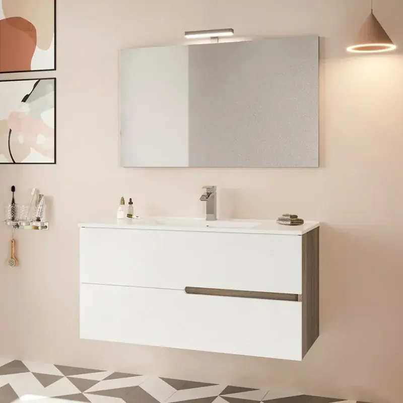 Offerta Mobile bagno sospeso 100 rovere grigio e bianco con lavabo e specchio Eva