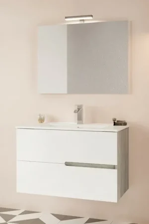 Mobile bagno sospeso 80 rovere grigio e bianco con lavabo e specchio Eva Promozione Esclusiva
