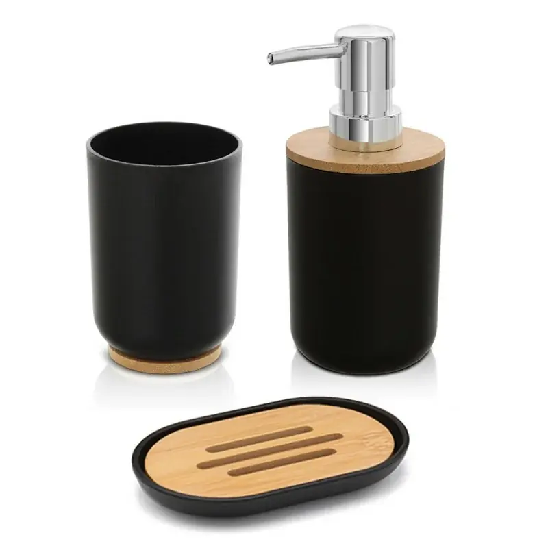 Accessori bagno da appoggio in set 3 pezzi in abs nero e bambù Surf Bestseller