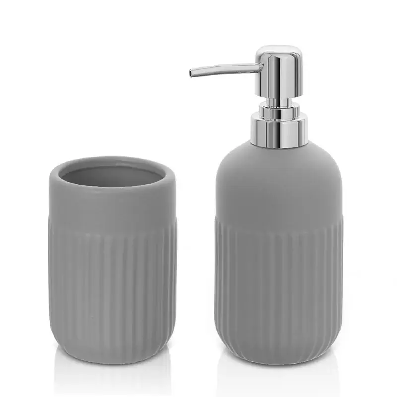 Set accessori bagno dispenser e portaspazzolini da appoggio grigio in ceramica Cup Nuova Collezione