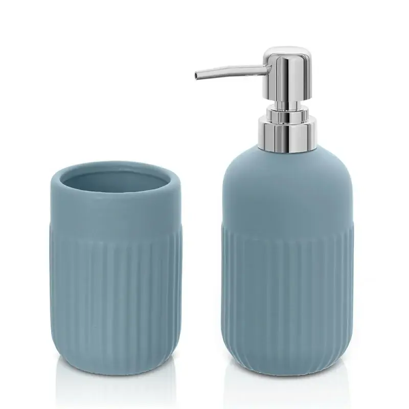 Set accessori bagno dispenser e portaspazzolini appoggio turchese cobalto in ceramica Cup Pagamento Sicuro