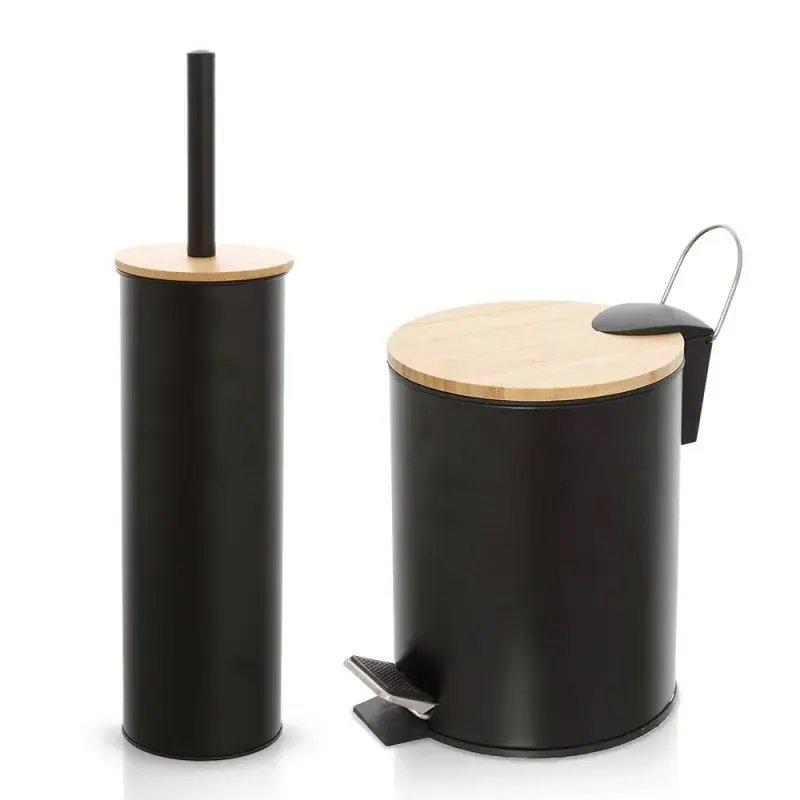 Set accessori bagno scopino e pattumiera nero in acciaio e bambù Haiti Offerta