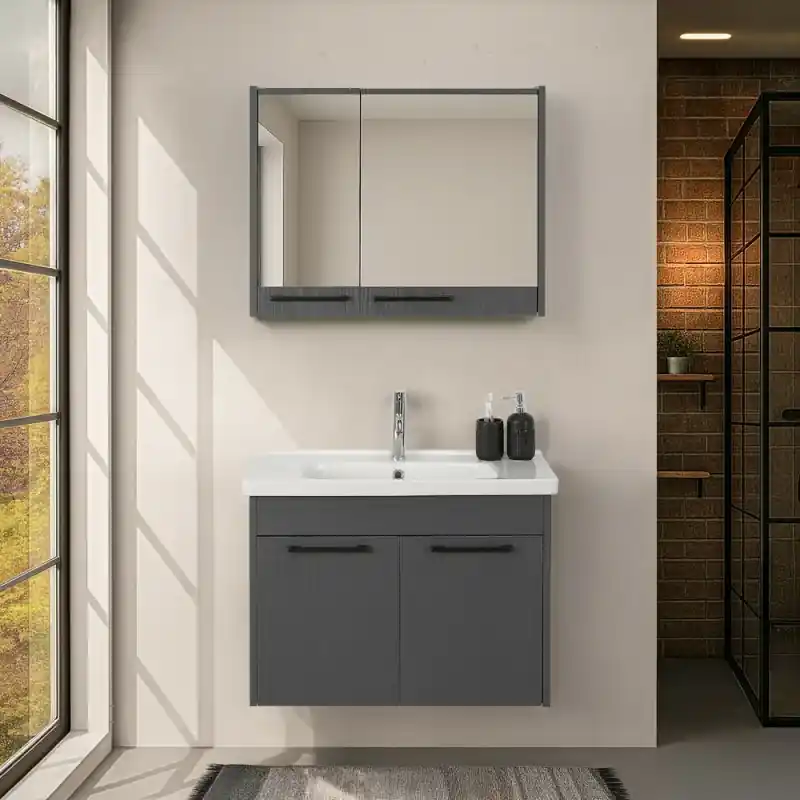 Promozione Esclusiva Mobile bagno sospeso 80 cm grigio effetto legno con armadietto a specchio Sofia