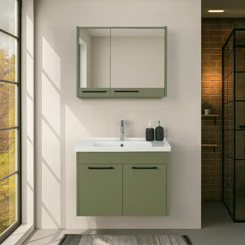 Offerta Del Giorno Mobile bagno sospeso 80 cm verde effetto legno con armadietto a specchio Sofia