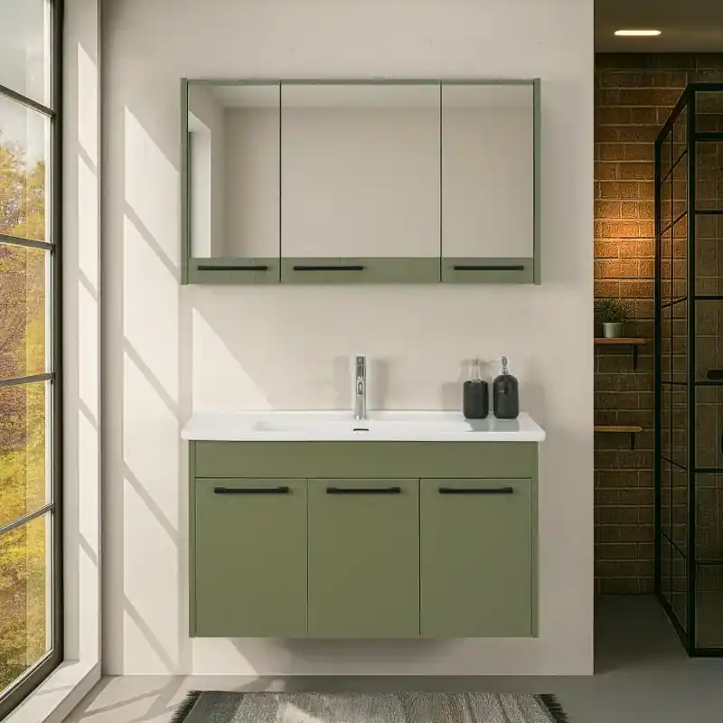 Mobile bagno sospeso 100 cm verde effetto legno con armadietto a specchio Sofia Non Perdere