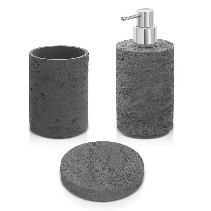 Saldi Accessori bagno in set da 3 pezzi grigio in resina effetto pietra Matera