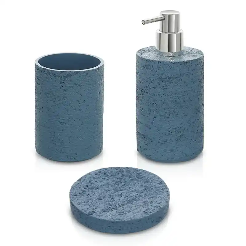 Accessori bagno in set da 3 pezzi turchese cobalto in resina effetto pietra Matera Occasione Imperdibile