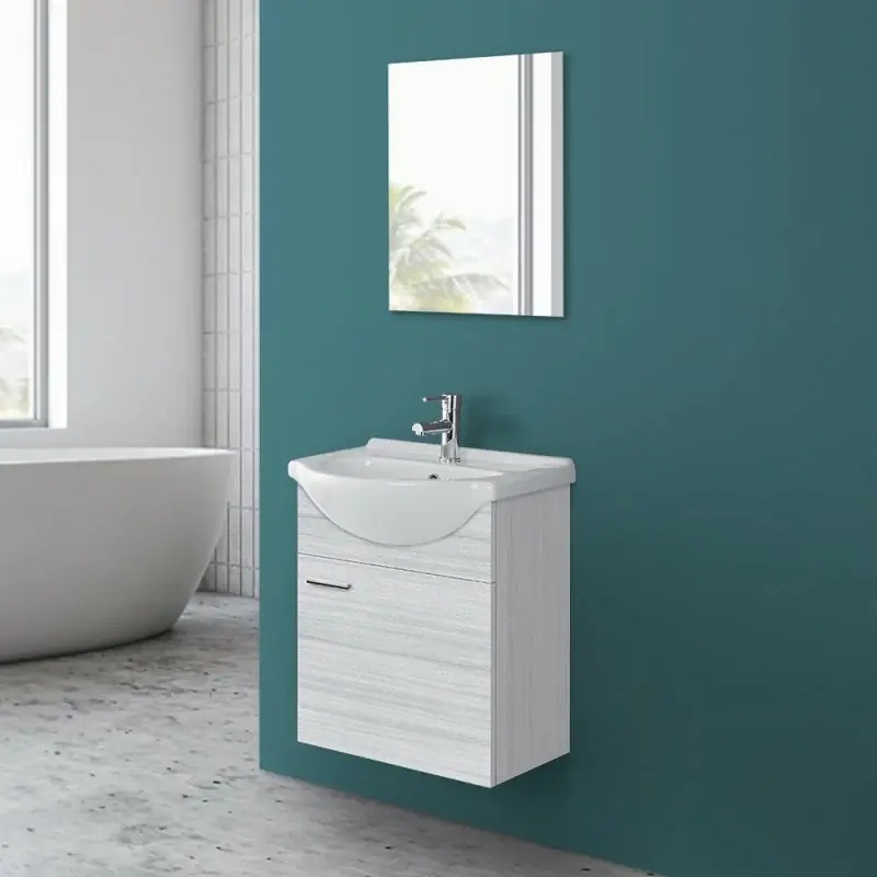 Mobile bagno sospeso 55 cm grigio completo di lavabo e specchio Desya Nuovo Arrivo