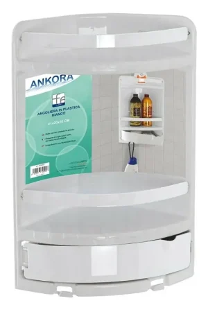 Angoliera per doccia bianca con 2 ripiani ganci inferiori e cassetto Novità