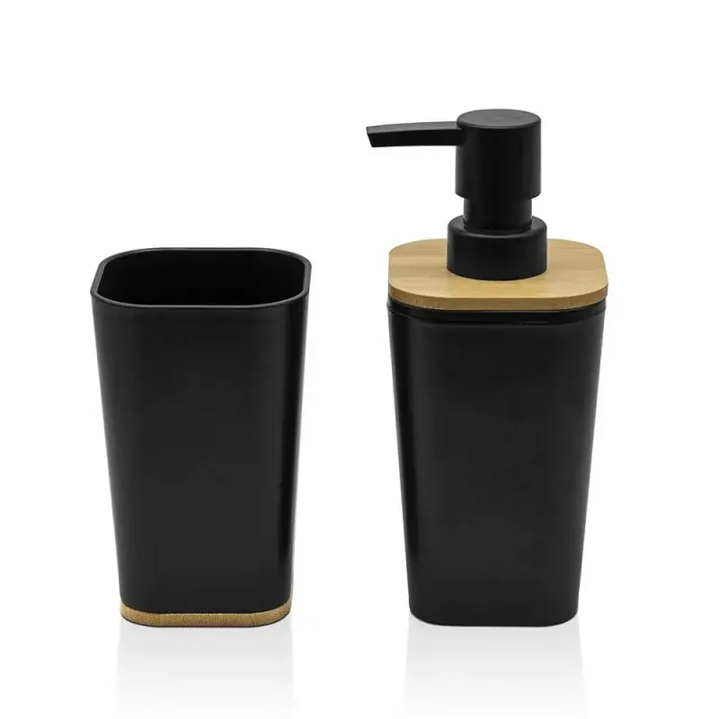 Prezzo Basso Set bagno dispenser e portaspazzolino nero opaco con dettagli in bambù