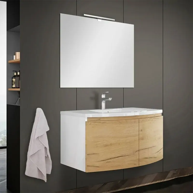 Affare Mobile bagno sospeso curvo 80 cm rovere oro con lavabo e specchio