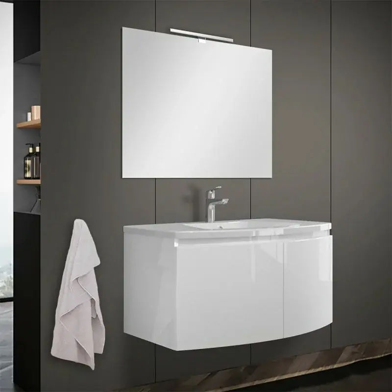 Mobile bagno sospeso curvo 80 cm bianco lucido con lavabo e specchio Quantità Limitata