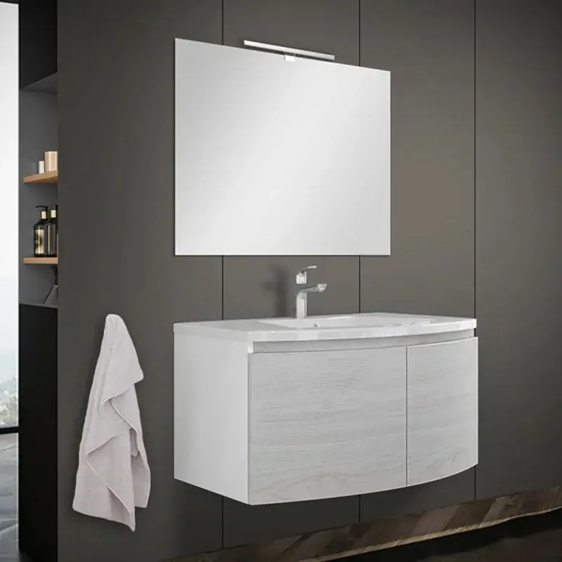 Mobile bagno sospeso curvo 80 cm rovere nordico con lavabo e specchio Compra Adesso