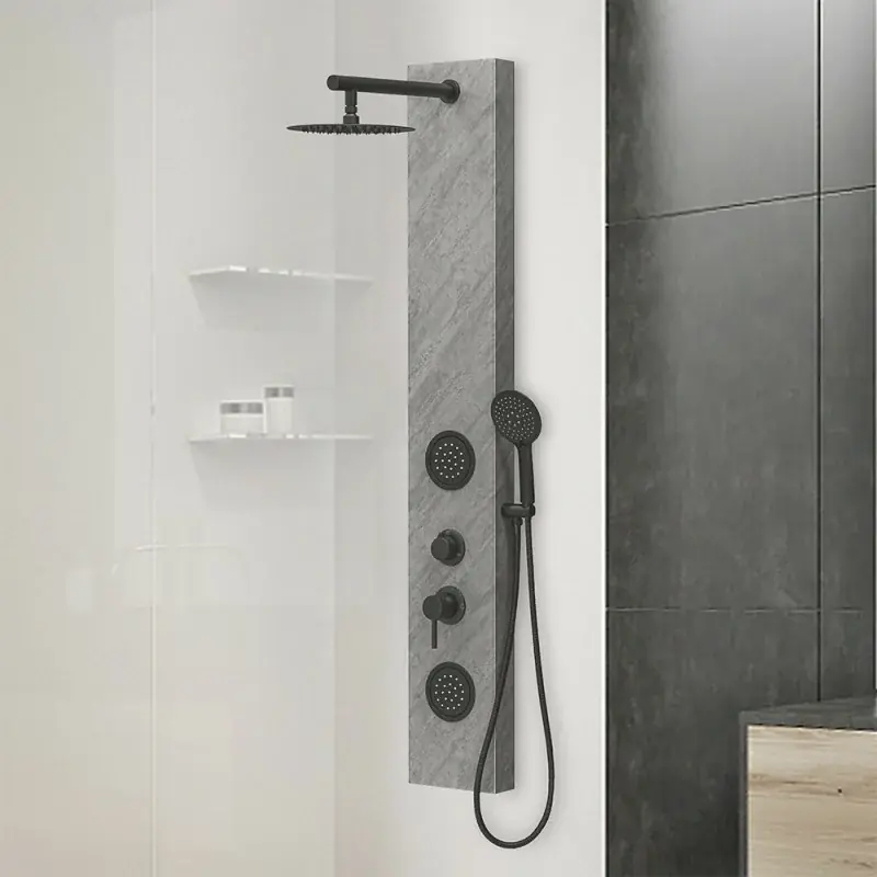 Pannello doccia in acciaio inox effetto pietra con soffione slim nero opaco Saldi