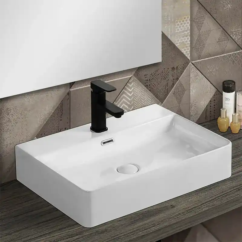 Lavabo da appoggio in ceramica rettangolare 60x42 cm bianco lucido Reso Gratuito